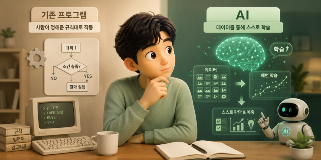 사람이 정한 규칙대로 작동하는 기존 프로그램과 데이터로 스스로 학습하는 AI의 차이를 비교한 도표