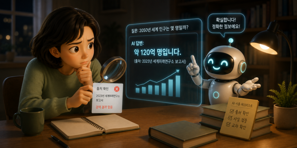 AI가 틀린 내용을 사실처럼 자신 있게 답하는 할루시네이션과 출처 확인의 필요성을 보여주는 이미지