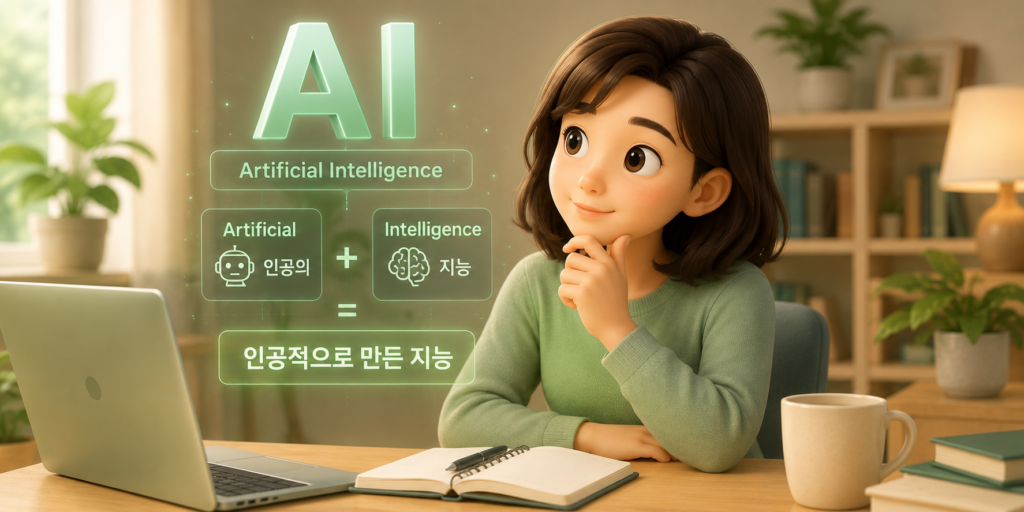 AI가 Artificial과 Intelligence를 합친 '인공적으로 만든 지능'이라는 뜻을 보여주는 이미지