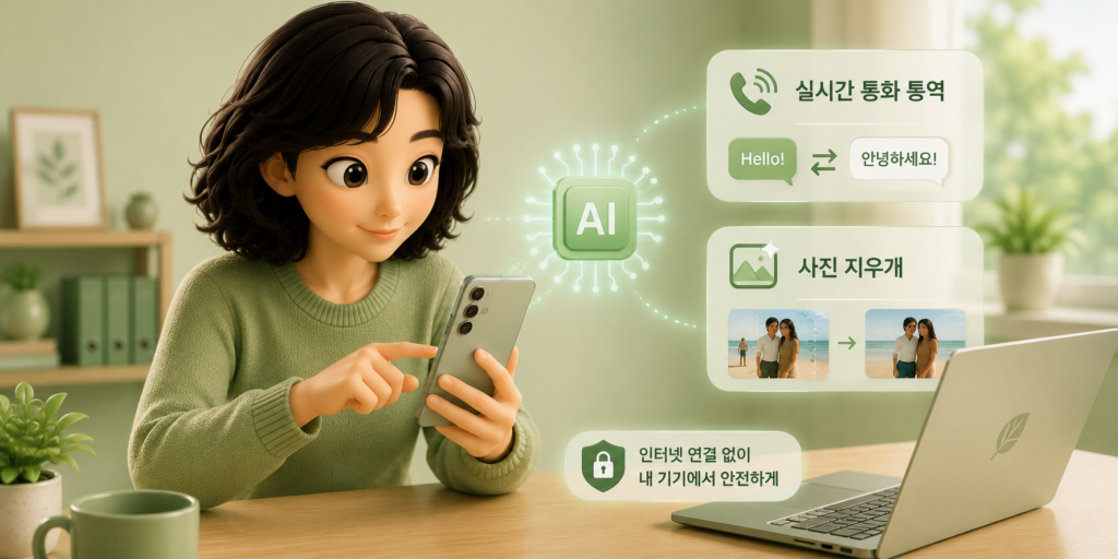 인터넷 연결 없이 기기 안에서 작동하는 온디바이스 AI의 실시간 통화 통역·사진 지우개 기능을 보여주는 이미지