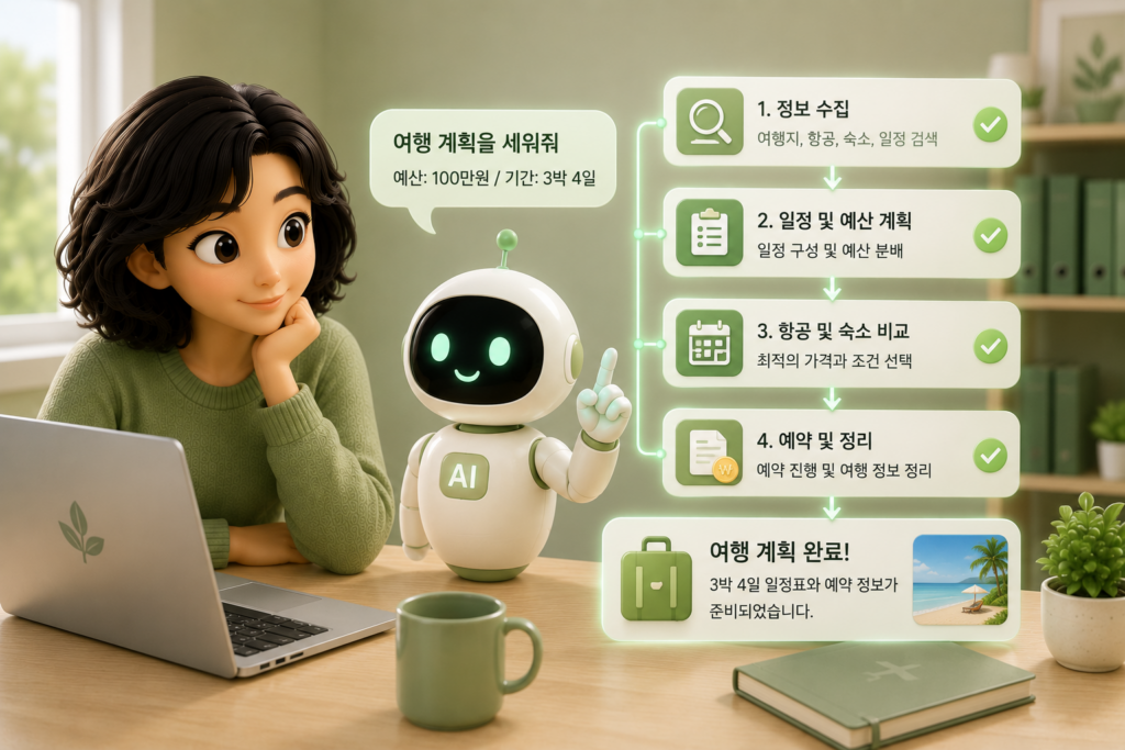 목표를 주면 정보 수집·일정 계획·예약까지 여러 단계를 스스로 처리하는 AI 에이전트를 여행 계획 예시로 보여주는 이미지