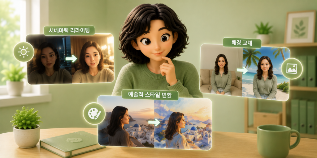 비디오 리믹스 주요 기능인 시네마틱 리라이팅·배경 교체·예술적 스타일 변환을 정리한 도표