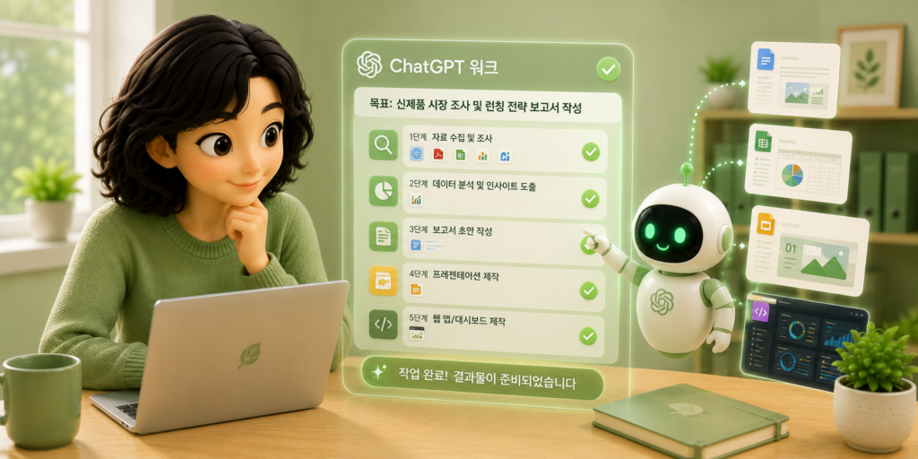 GPT-5.6와 코딩 에이전트 코덱스를 결합해 목표를 주면 결과물까지 만드는 챗GPT 워크를 보여주는 이미지