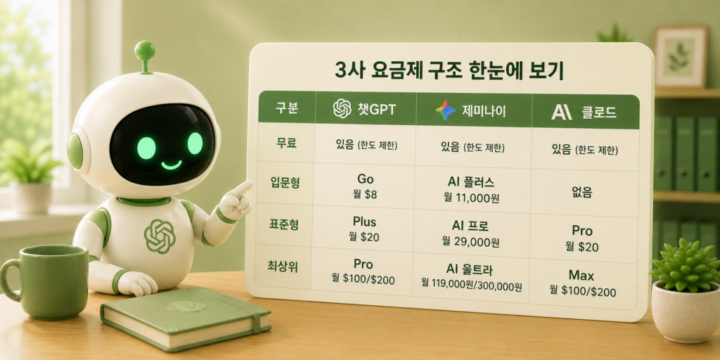 챗GPT·제미나이·클로드 3사의 무료·입문형·표준형·최상위 요금제 구조를 한눈에 비교한 도표