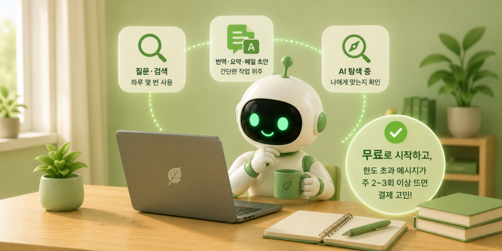 가벼운 질문·검색, 간단한 번역·요약, AI 탐색 중이라면 무료 요금제로 충분한 경우를 정리한 도표