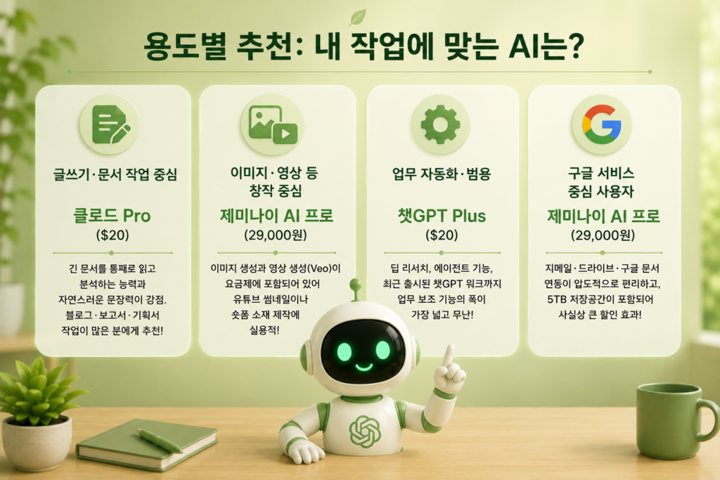 글쓰기는 클로드 Pro, 창작은 제미나이 AI 프로, 업무 자동화는 챗GPT Plus로 용도별 AI를 추천한 도표