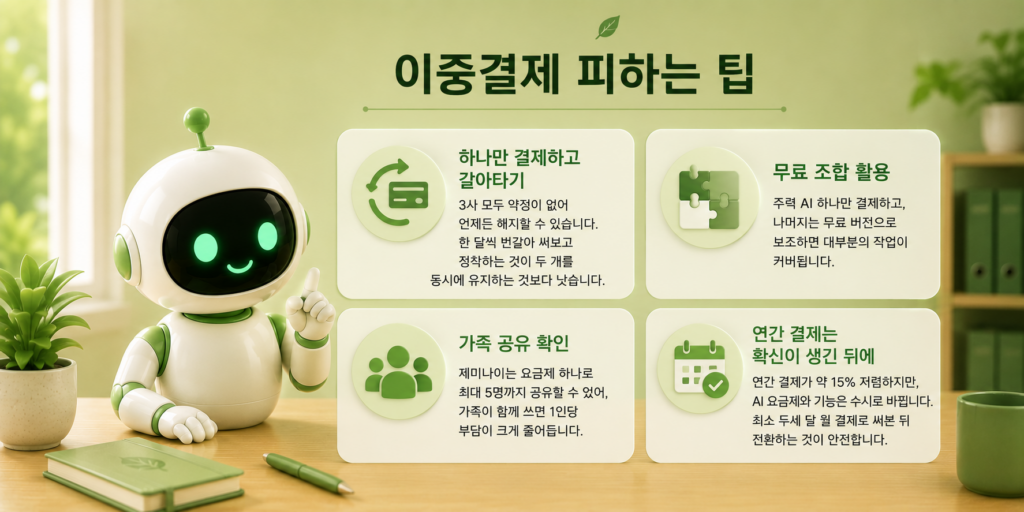 AI 요금제 이중결제 피하는 팁인 하나만 결제·무료 조합·가족 공유·연간 결제 신중을 정리한 도표