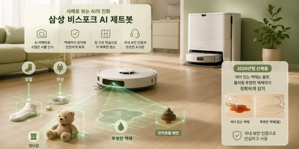삼성 비스포크 AI 제트봇이 투명한 액체까지 감지·회피하는 AI 로봇청소기의 진화 사례를 보여주는 이미지