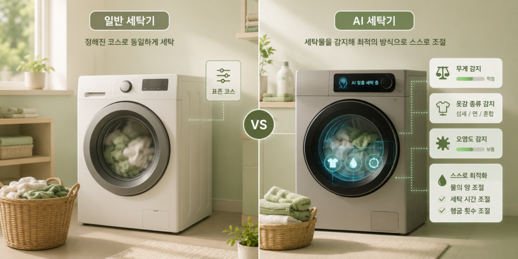 정해진 코스로만 도는 일반 세탁기와 세탁물을 감지해 물·시간·헹굼을 스스로 조절하는 AI 세탁기를 비교한 도표
