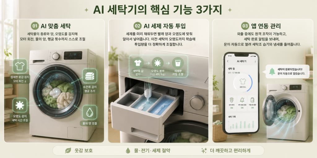 AI 세탁기 핵심 기능인 AI 맞춤 세탁·AI 세제 자동 투입·앱 연동 관리를 정리한 도표