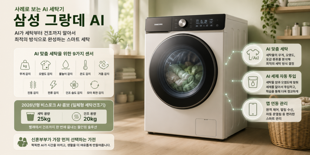 9개 센서로 세탁 방식을 정하는 삼성 그랑데 AI 세탁기와 비스포크 AI 콤보 일체형 세탁건조기를 보여주는 이미지