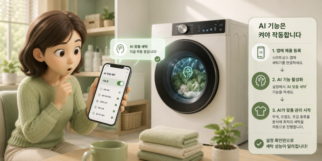 AI 세탁 기능은 앱에서 켜야 작동하므로 제품 등록·기능 활성화·맞춤 관리 시작 순으로 확인하는 방법을 정리한 도표