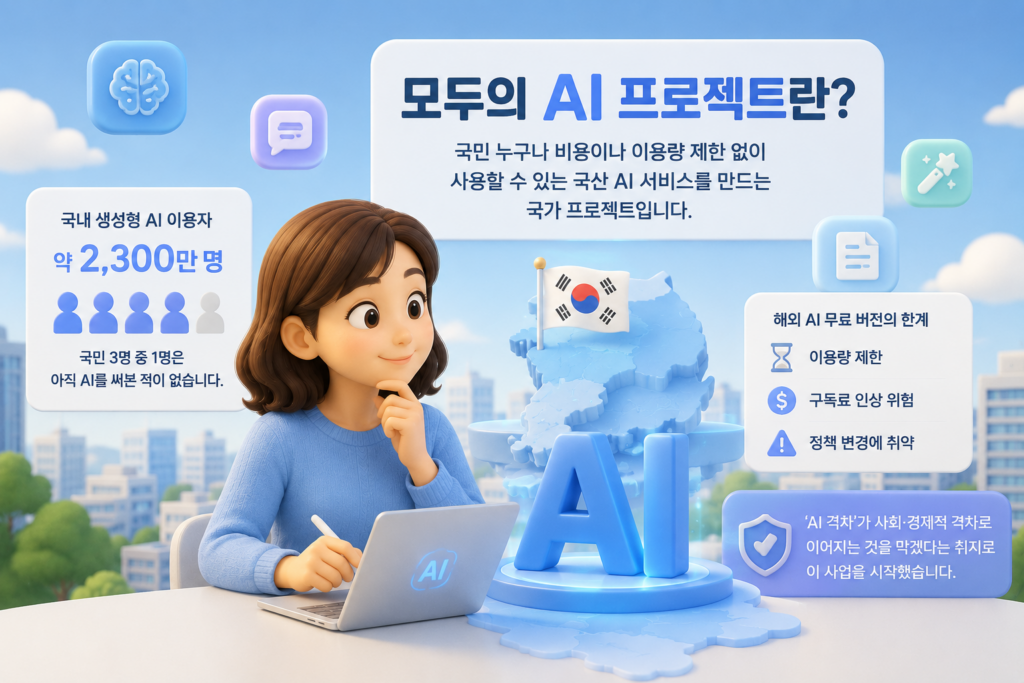 비용·이용량 제한 없이 누구나 쓰는 국산 AI를 만들어 AI 격차를 줄이려는 모두의 AI 프로젝트를 보여주는 이미지