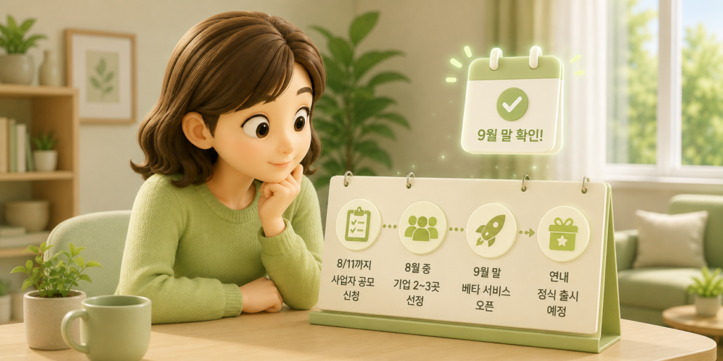 모두의 AI 프로젝트 일정인 8월 사업자 공모·기업 선정, 9월 말 베타 오픈, 연내 정식 출시를 정리한 도표