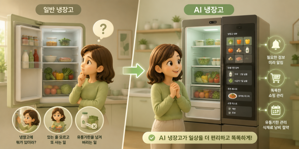 온도만 유지하는 일반 냉장고와 내부 카메라로 식재료를 인식해 관리해주는 AI 냉장고의 차이를 비교한 도표