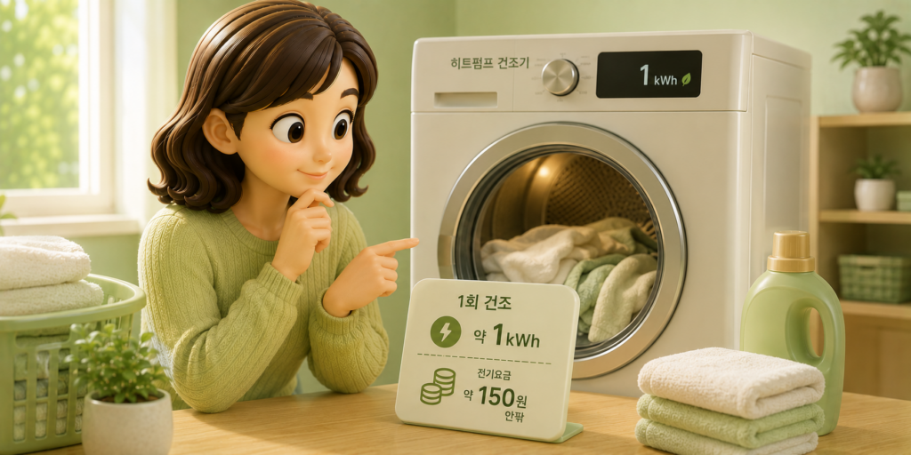 히트펌프 건조기 1회 건조 전기 사용량 약 1kWh와 전기요금 약 150원을 보여주는 이미지