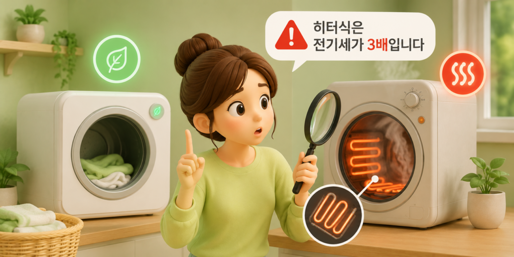 히터식 건조기가 1회 3.5~4kWh로 히트펌프 대비 전기 소비가 약 3배임을 경고하는 이미지