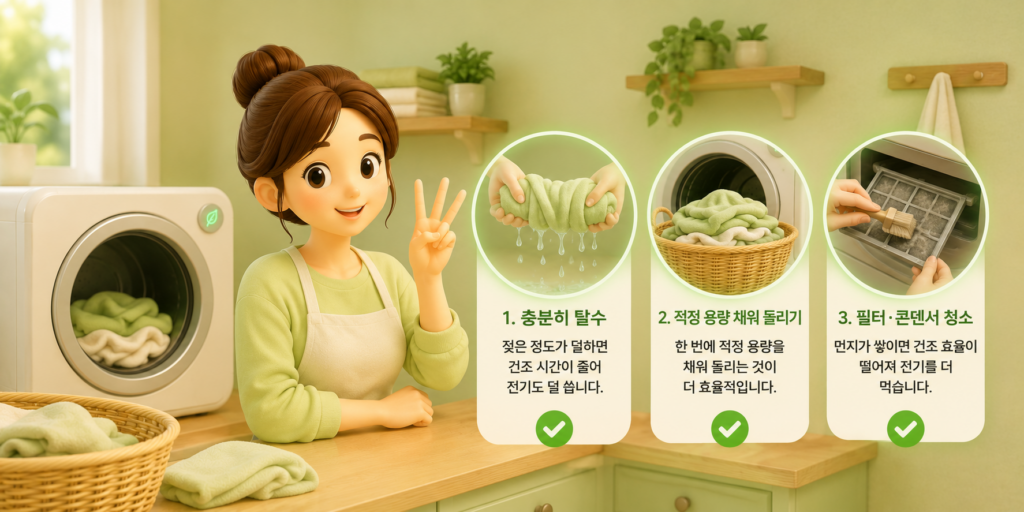 건조기 전기세 줄이는 3가지 습관인 충분히 탈수·적정 용량 채우기·필터와 콘덴서 청소를 정리한 도표