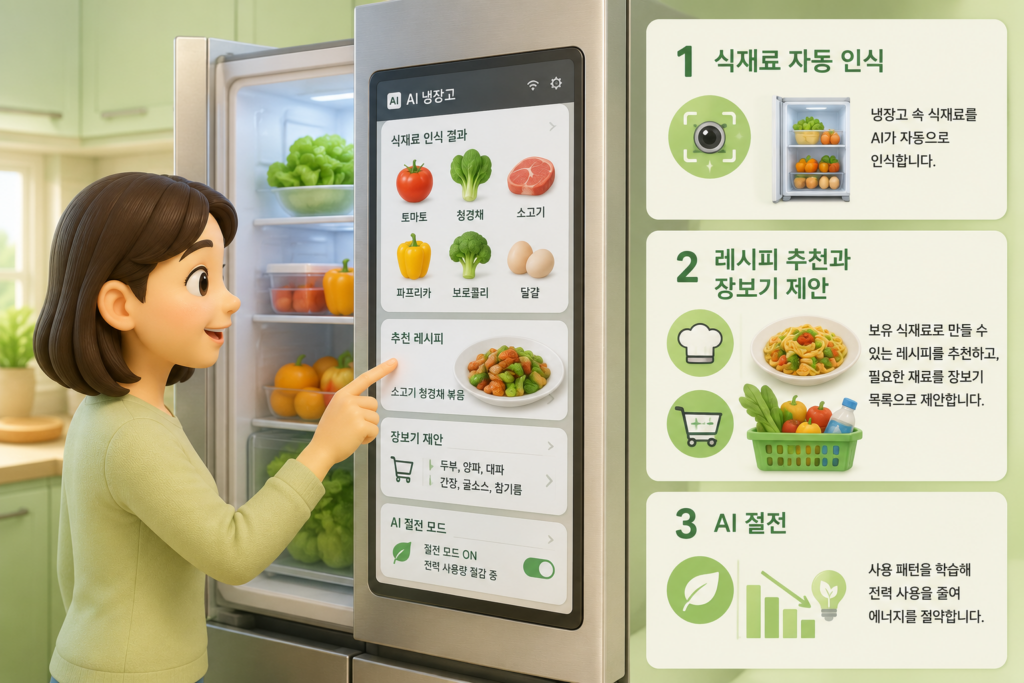 AI 냉장고 핵심 기능인 식재료 자동 인식·레시피 추천과 장보기 제안·AI 절전을 정리한 도표