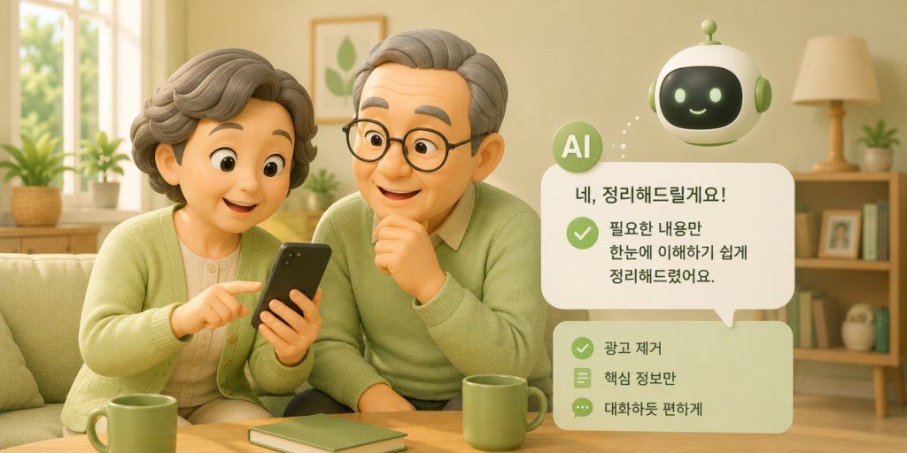 검색보다 대화하듯 물어보면 광고 없이 핵심만 정리해줘 시니어 세대에게 잘 맞는 AI를 보여주는 이미지