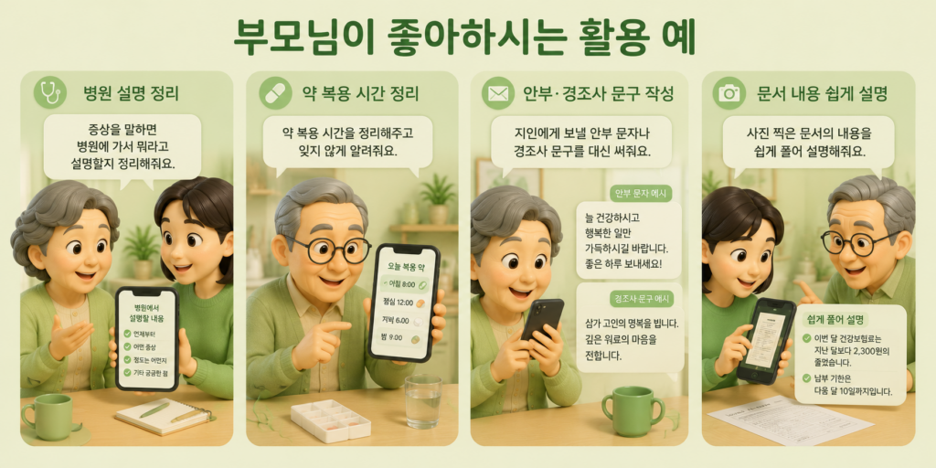 시니어가 좋아하는 AI 활용 예인 병원 설명 정리·약 복용 시간 정리·안부 문구 작성·문서 내용 쉽게 설명을 정리한 도표