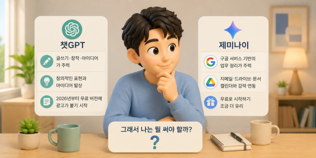 글쓰기·창작은 챗GPT, 구글 연동 업무는 제미나이로 용도에 맞는 AI 선택 기준을 비교한 도표