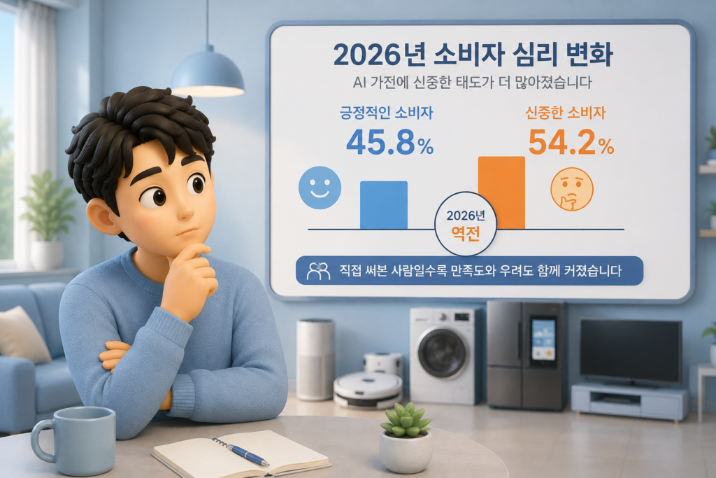 2026년 AI 가전에 신중한 소비자 54.2%가 긍정적 소비자 45.8%를 처음 넘어선 심리 변화를 보여주는 이미지