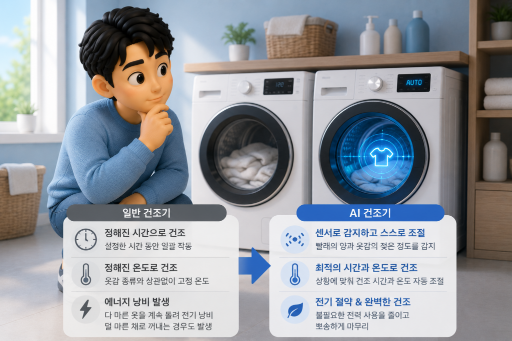 정해진 시간·온도로만 도는 일반 건조기와 센서로 감지해 스스로 조절하는 AI 건조기의 차이를 비교한 도표