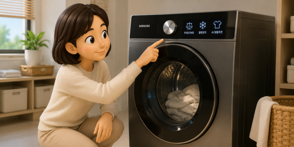 무게감지보정·결빙방지·AI 맞춤추천을 담은 삼성 그랑데 AI 건조기를 살펴보는 모습