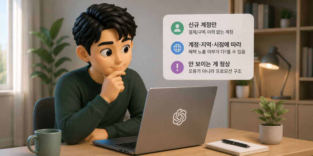 챗GPT Plus 무료체험이 신규 계정 한정이며 계정·지역·시점에 따라 노출 여부가 달라짐을 정리한 도표