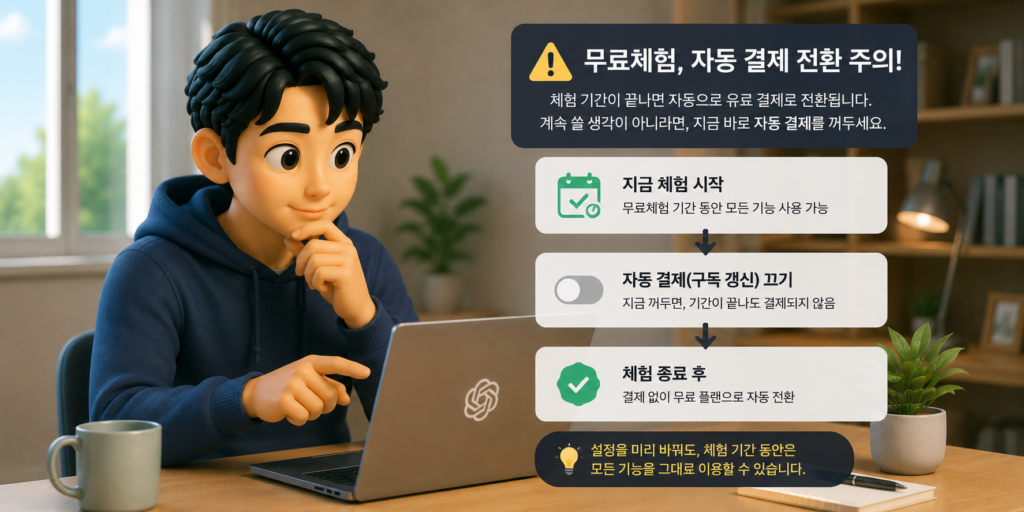 무료체험은 기간 종료 시 자동 유료 전환되므로 시작하자마자 자동 결제를 꺼두라는 주의를 정리한 도표