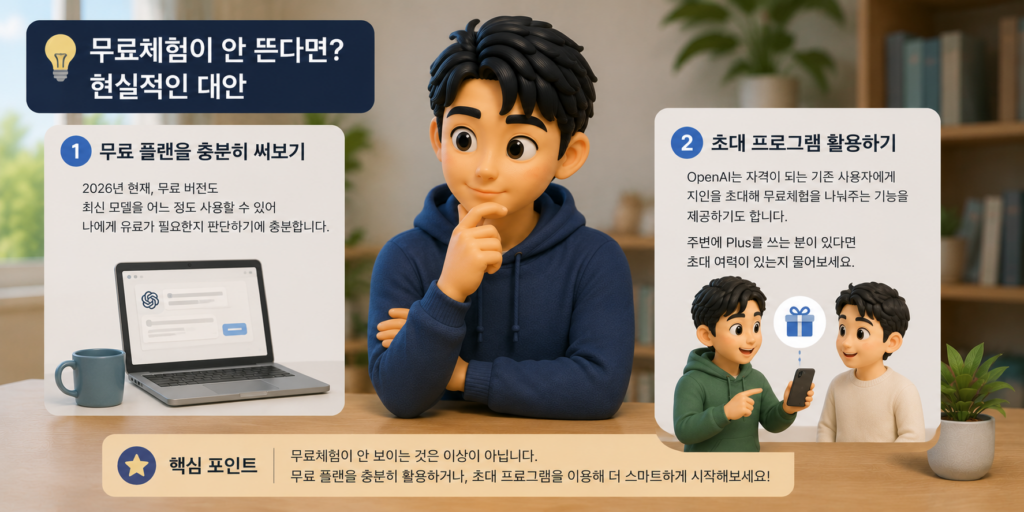무료체험이 안 뜰 때의 대안인 무료 플랜 충분히 써보기와 초대 프로그램 활용하기를 정리한 도표