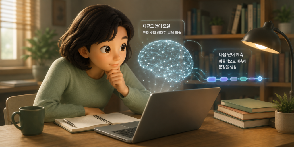 방대한 글을 학습해 다음 단어를 확률적으로 예측해 문장을 만드는 대규모 언어 모델 LLM을 보여주는 이미지