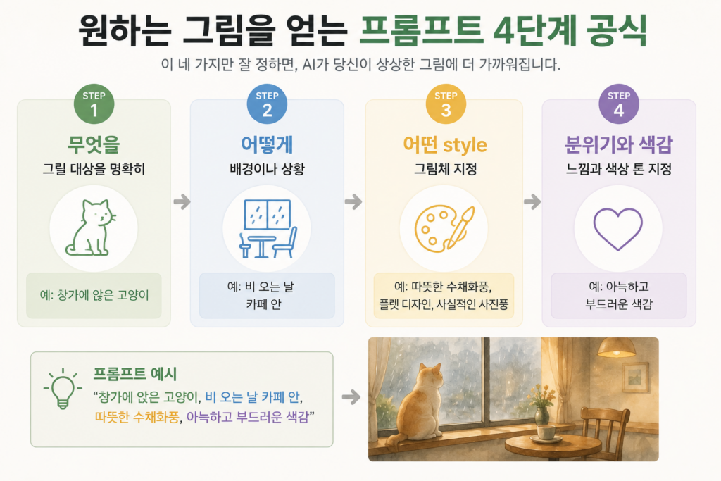 원하는 그림을 얻는 이미지 프롬프트 4단계 공식인 무엇을·어떻게·어떤 style·분위기와 색감을 정리한 도표