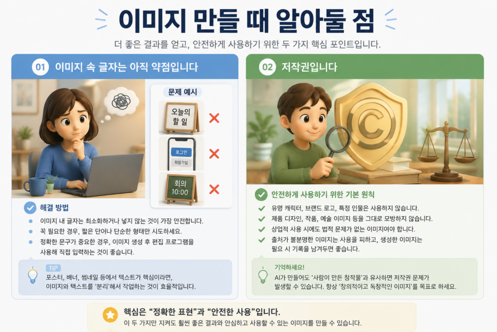 AI 이미지 만들 때 알아둘 점인 이미지 속 글자는 약점이라는 것과 저작권 주의를 정리한 도표