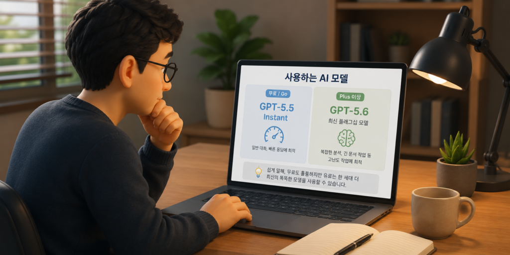 무료·Go는 GPT-5.5 Instant, Plus 이상은 최신 GPT-5.6을 쓰는 챗GPT 요금제별 AI 모델 차이를 비교한 도표
