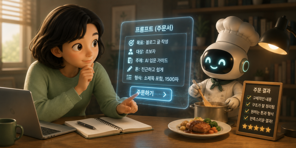AI에게 입력하는 지시문인 프롬프트를 주방장에게 건네는 주문서에 비유한 이미지