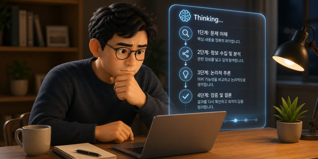 유료에서만 쓰는 챗GPT 고급 추론 모드가 문제 이해·정보 분석·논리적 추론·검증 결론 단계로 깊게 생각하는 과정을 정리한 도표