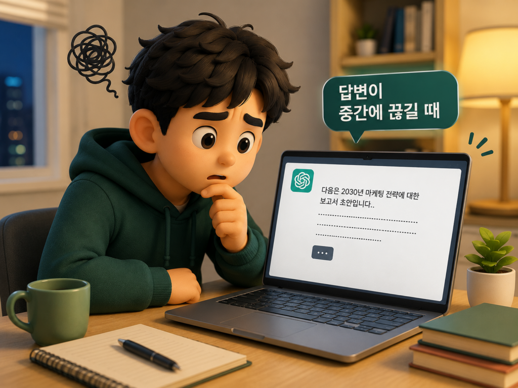 챗GPT 답변이 토큰 한계로 중간에 끊길 때 '이어서 써줘'로 잇거나 단계로 쪼개 해결하는 방법을 보여주는 이미지