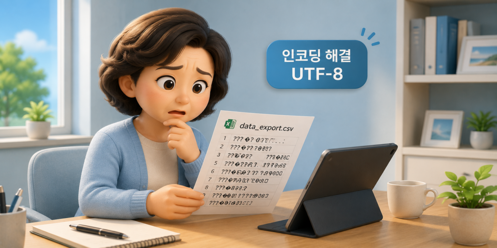 엑셀·CSV 파일 한글이 깨질 때 UTF-8로 저장 요청해 인코딩 문제를 해결하는 방법을 보여주는 이미지