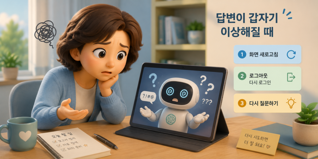 챗GPT 답변이 이상해질 때 화면 새로고침·로그아웃 후 재로그인·자동 번역 끄기로 해결하는 방법을 정리한 도표