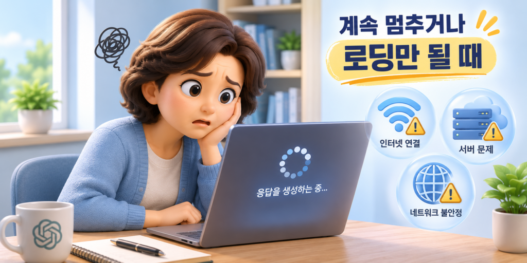 챗GPT가 로딩만 될 때 새로고침·앱 재실행·캐시 삭제 후 오픈AI 상태 페이지에서 서버 장애를 확인하는 방법을 보여주는 이미지