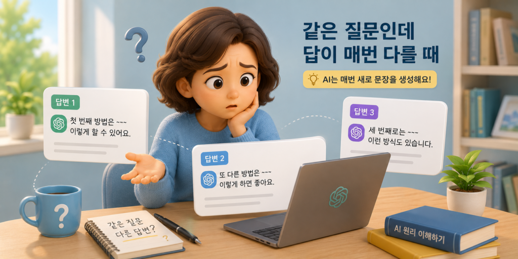 챗GPT가 같은 질문에도 매번 새 문장을 생성해 답이 조금씩 달라지는 원리와 출처 확인 습관을 보여주는 이미지