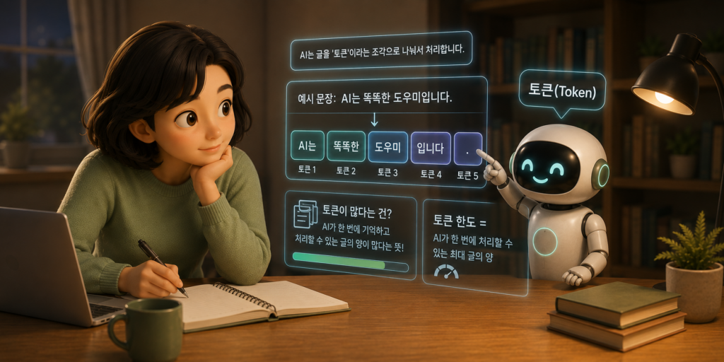 AI가 문장을 조각내 처리하는 최소 단위인 토큰과 토큰 한도의 의미를 보여주는 이미지