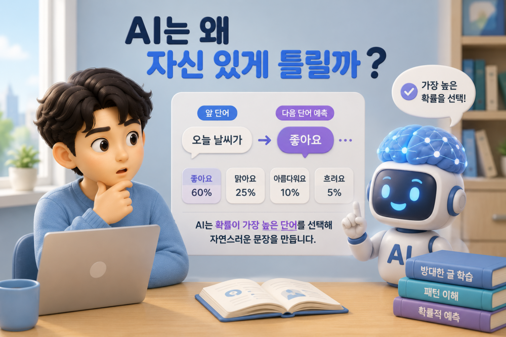 AI가 다음에 올 단어를 확률적으로 예측해 문장을 만들기에 사실보다 자연스러움을 우선해 자신 있게 틀리는 원리를 보여주는 이미지