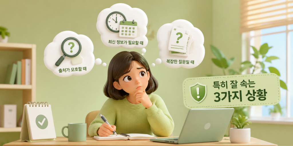 AI 할루시네이션이 특히 잘 나타나는 3가지 상황인 숫자와 통계·출처와 인용·최신 정보를 정리한 도표
