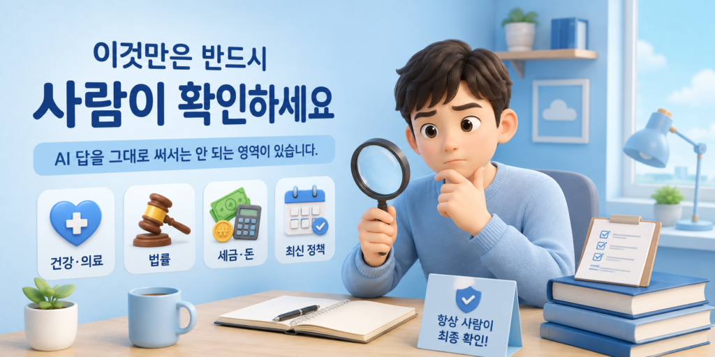 AI 답을 그대로 쓰면 안 되고 사람이 반드시 확인해야 할 영역인 건강·의료, 법률, 세금·돈, 최신 정책을 정리한 도표
