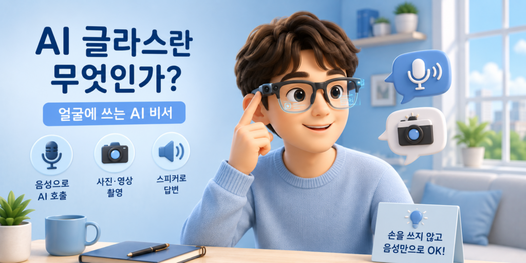 AI 글라스가 안경테에 카메라·마이크·스피커를 넣어 음성으로 AI를 부르고 사진·영상을 찍는 얼굴에 쓰는 AI 비서임을 보여주는 이미지