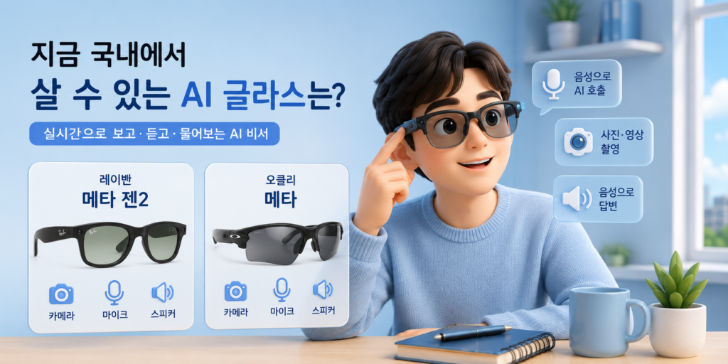 국내 출시된 AI 글라스인 레이밴 메타 젠2와 오클리 메타 두 제품을 비교해 보여주는 이미지