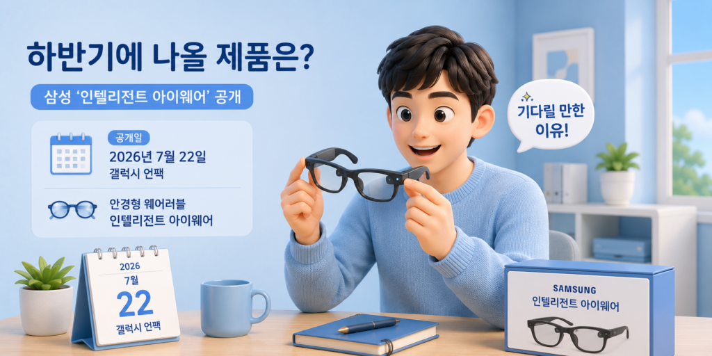 삼성전자가 2026년 7월 22일 갤럭시 언팩에서 처음 공개한 안경형 웨어러블 인텔리전트 아이웨어를 보여주는 이미지